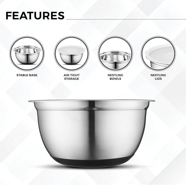 Premium Stainless Steel Mixing Bowls with Lids Non-Slip, Set of 5 Mixing Bowl Set with Silicone Base, Space Saving, Great for Cooking, Baking, Prepping (0.25Qt, 1Qt, 1.5Qt, 3Qt, 5Qt)6