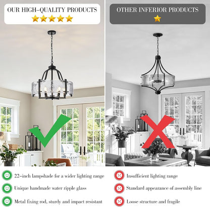 Water Textured Glass Chandelier, 22 " Black round Dining Room Light Fixture6