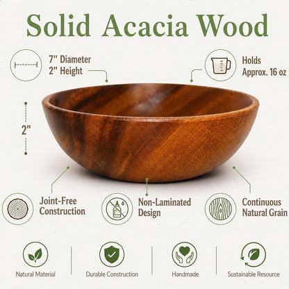 Wood Bowls for Food, Set of 4, 7 in Solid Acacia Salad, Cereal & Pasta Bowl2
