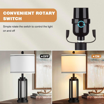 26" Modern Table Lamp with USB A+C Charging Ports & AC Outlet, Industrial beside Contemporary Lamp Glass LED Night Light for Living Room Bedroom Nightstand End Table Single Black(2 Bulbs Included)6