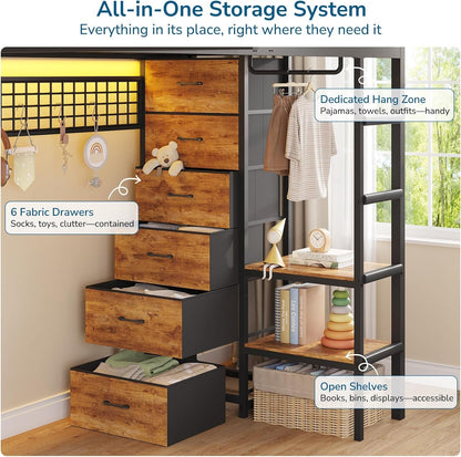 Triple Bunk Bed with 9 Storage Drawers and LED Lights, Twin over Twin 3 Bed Bunk Beds for Kids with Shelves and Pegboard, Heavy-Duty Metal Bunk Bed with Full-Length Guardrail and Dual Ladders, Black4
