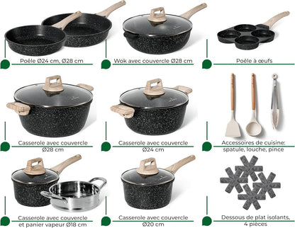 JUST PERFECTO Kitchen Pots and Pans Set with Lids Non Stick - Induction Pots Set - Pots & Pans Set without PTFE and PFOA - Cookware Pot Set Induction 21 Pcs (Black)2