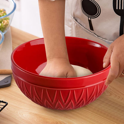 Porcelain Mixing Bowls for Kitchen, 3/1.8/1.2 Qt Ceramic Large Serving Salad Soup Bowl Set, Deep Nesting Bowl for Space Saving, 3-Piece Set, Microwave and Dishwasher Safe, Red7