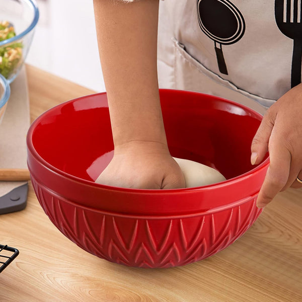 Porcelain Mixing Bowls for Kitchen, 3/1.8/1.2 Qt Ceramic Large Serving Salad Soup Bowl Set, Deep Nesting Bowl for Space Saving, 3-Piece Set, Microwave and Dishwasher Safe, Red7