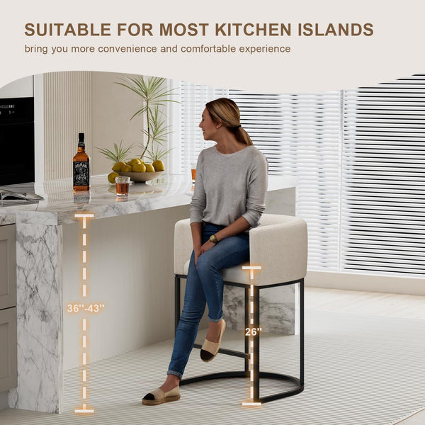 26" H Counter Height Bar Stools Set of 2, Modern Barrel Counter Stools with Backrest and Arms, Linen Fabric Upholstered Accent Barstools for Kitchen Island,Support 450 LBS (Beige)3