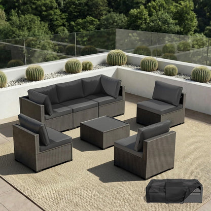 Patio Furniture Set - All-Weather - 7 Piece Patio Outdoor Conversation Set, Modular Wicker Rattan Sectional Sofa for Backyard, Garden, Poolside, Balcony, Porch, Patio,Black/Dark Gary1