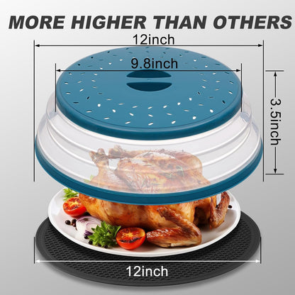Large Microwave Splatter Cover & Silicone Mat,12 Inchs Vented Collapsible Guard Dish Plate Lid & round Kitchen Mat for Food3