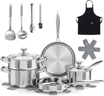Pots and Pans Set Non Toxic, 16Pcs Stainless Steel Cookware Set with Steamer, Kitchen Induction Cookware with Utensil Sets, Pot Protectors and Apron for Oven & Dishwasher Safe1