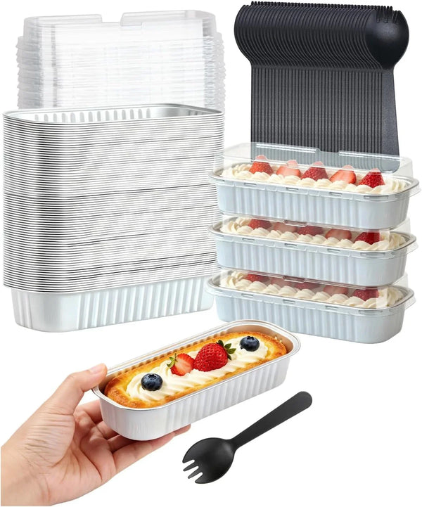 Mini Loaf Cake Pans with Lids 100 Pack, Small Foil Baking Tins | 6.8Oz Rectangle, White, Disposable Aluminum Cake Cups, Individual Dessert Containers for Wedding, Bake Sales1