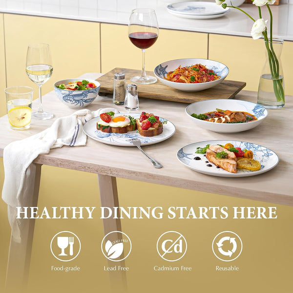 Minh Long 12-PCS Porcelain Coastal Dinnerware Set, Plates, Bowls, Service for 4, Chip & Scratch Resistant, Oven Safe up to 482°F, Non Toxic, Lead & Cadmium Free, Stackable, Dishwasher & Microwave Safe2