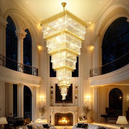 W40 X H120 Large Gold Chandeliers for High Ceiling, 39-Light Square Tiered K9 Crystal Raindrop Chandelier, Adjustable Height Luxury Pendant Light for Staircase, Villa Foyer, Entryway1