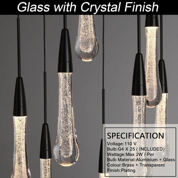 Black Rectangle Raindrop Chandelier with Glass，25-Lights Luxury Farmhouse Large Linear Chandeliers for Dining Room over Table, Brass Pendant Ceiling Light Fixture for Kitchen Island5