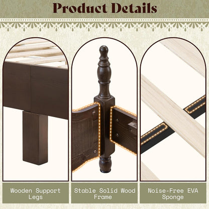 Queen Solid Wood Poster Bed with Arched Headboard, Dark Walnut5