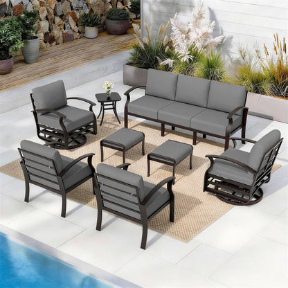 Aluminum Patio Furniture Set with 2 Swivel Chairs 9-Seat Metal Outdoor Furniture Patio Sectional Sofas Patio Conversation Set W/2 Ottomans for Patio, Backyard, Poolside-Grey7