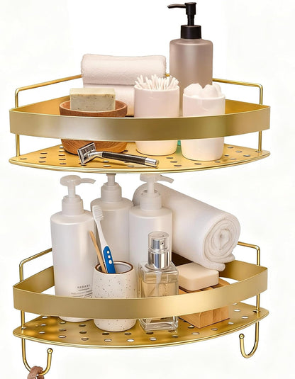 Corner Shower Shelves, 2-Tier Gold Shower Candy with 4 Hooks, Stainless Steel Bathroom Shower Organizers, Wall Mounted Caddy Shelves No Drilling with Adhesive, Triangle Storage Shelf for Toilet8