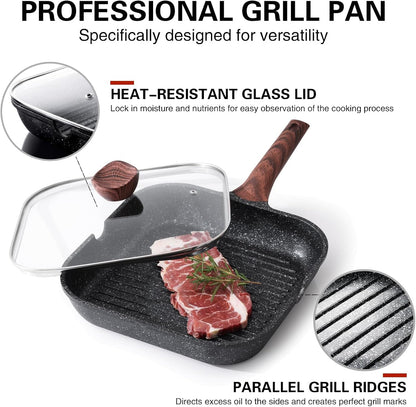 Nonstick Grilling Pan with Lid for Stove Tops, 11 Inch Square Grill Pan for Indoor Cooking, Granite Coating Grill Skillet with Pour Spouts, Versatile Griddle, Induction Steak Pan, PFOA Free5