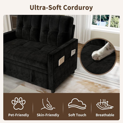 3 in 1 Convertible Sleeper Sofa Bed, Corduroy Pull Out Couch, Black8