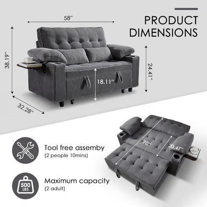 58In Sleeper Sofa Bed, Convertible Pull Out Couch Bed Full Size Corduroy Fabric Loveseat for Living Room, Apartment, Office(Darkgrey)2