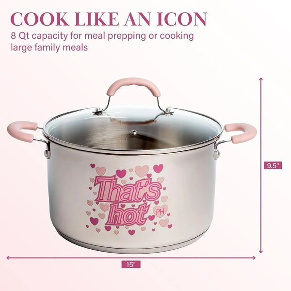 Stainless Steel Stock Pot with Iconic Color Changing "That'S Hot" Heat Indicator Decal, Features Soft Grip Handles and Measure Marks, 8-Quart, Pink6