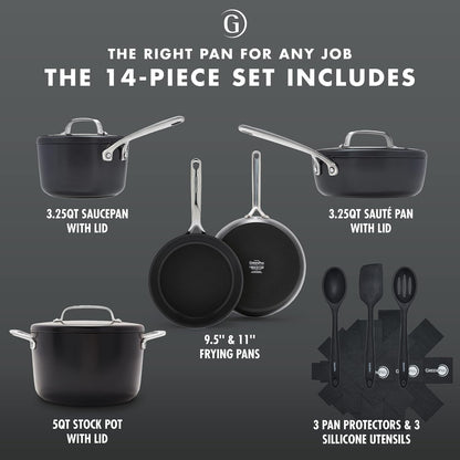 GP5 Hard Anodized Healthy Ceramic Nonstick 14 Piece Cookware Pots & Pans Set,Heavy Gauge Scratch Resistant, Stay Flat Surface,Induction, Mirror Finish Handle,Oven Safe, Pfas-Free, Black3