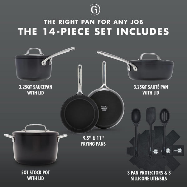 GP5 Hard Anodized Healthy Ceramic Nonstick 14 Piece Cookware Pots & Pans Set,Heavy Gauge Scratch Resistant, Stay Flat Surface,Induction, Mirror Finish Handle,Oven Safe, Pfas-Free, Black3