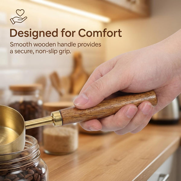 1/4 Cup Measuring Cup, 60Ml Stainless Steel Measuring Scoop Gold Coffee Scoop 4/3 Teaspoon with Wooden Handle for Baking Cooking Wet and Dry Ingredients4