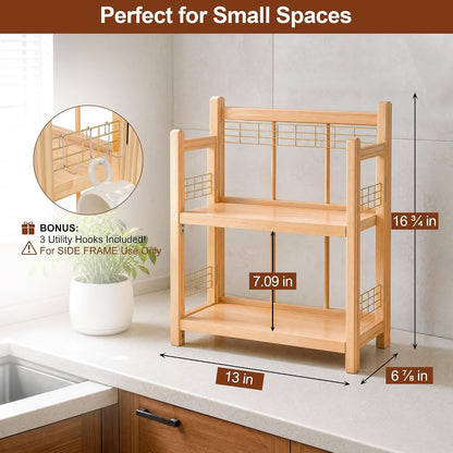 No-Assembly Coffee Bar Organizer, 2-Tier Coffee Station Shelf | Foldable Oak Wood Shelf, Coffee Station Accessories Storage for Syrup & Pod, 3 Hooks for Mugs, Kitchen Condiment Rack Natural6