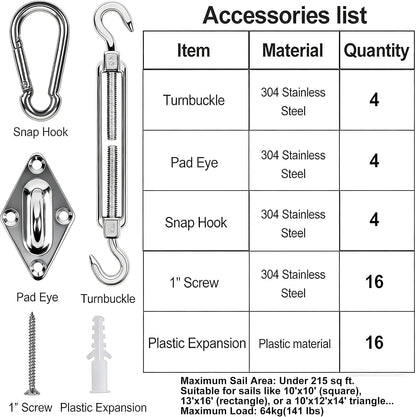 44 Pcs Shade Sail Hardware Kit 6 Inch Outdoor Sun Sail Accessories | 304 Stainless Steel Turnbuckles & Brackets for Triangle/Rectangle Sails, Patio Canopy Installation Hardware Set2