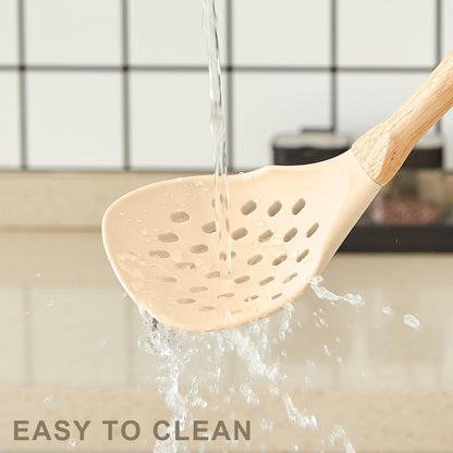Kitchen Utensils Set - 34 PCS Non-Stick Silicone Cooking Utensils Set Spatula Set with Holder, Wooden Handle Spoon,Brush,Whisk Kitchen Gadgets Tools Set for Nonstick Cookware (Khaki-34P)4