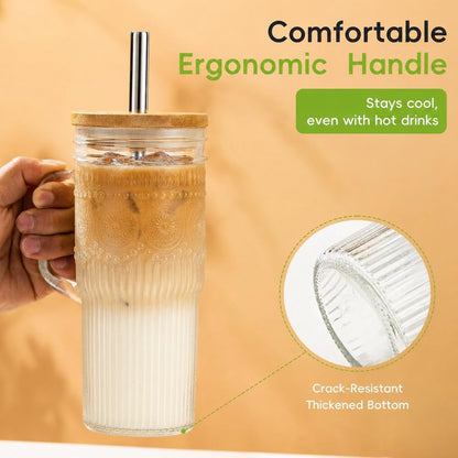 Glass Tumbler, 24 Oz Ice Coffee Cups with Bamboo Lid and Handle | Stainless Steel Straws and Cleaning Brushes, Boho Pattern Design for Iced Coffee, Smoothies, Tea and Daily Drinks4