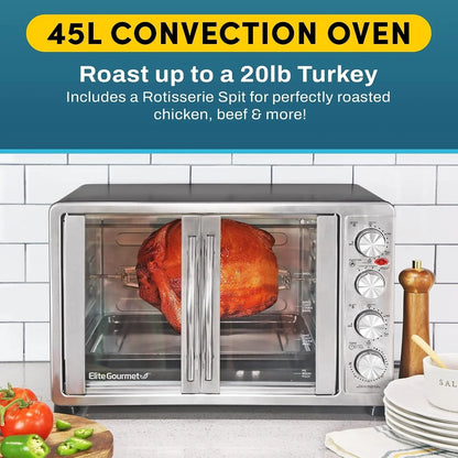 ETO4510MX French Door Convection Oven 47.5Qt, Stainless Steel | 18-Slice Capacity, 4-Control Knobs for Bake/Broil/Toast/Rotisserie/Keep Warm, Includes 2 X 14" Pizza Racks2