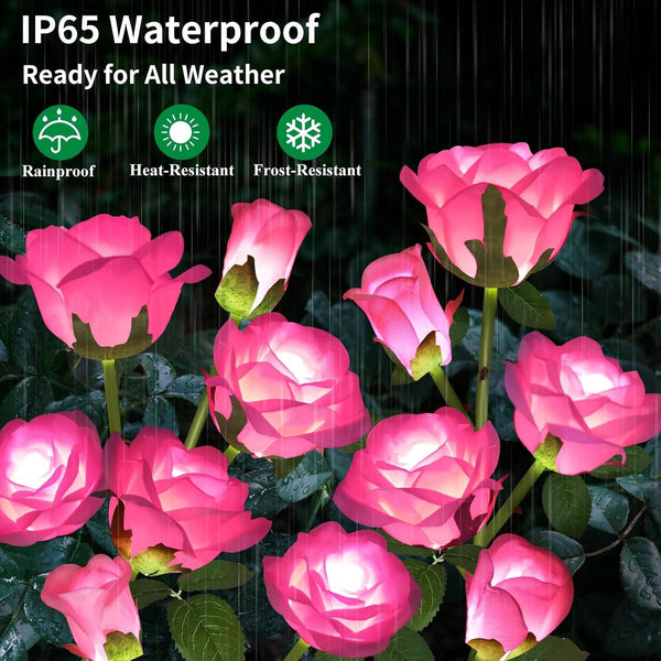 Solar Garden Lights, Solar Outdoor Lights with More Realistic 10 Rose Waterproof Solar Powered Flowers for outside Patio Yard Pathway Decorations, 2 Pack Pink3