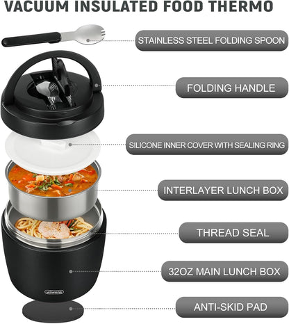 Thermo Food Jar for Hot Food 32OZ Soup Thermo Lunch Containers Wide Mouth Vacuum Insulated Stainless Steel Leakproof Bento Box with Spoon (Black)2