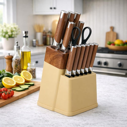 13-Piece Kitchen Knife Set with Block and 6 Steak Knives (Brown) | Dishwasher-Safe Stainless Steel Knives, Soft-Touch Handles, Bottle-Opener Shears and a Drain-Hole Storage Block6