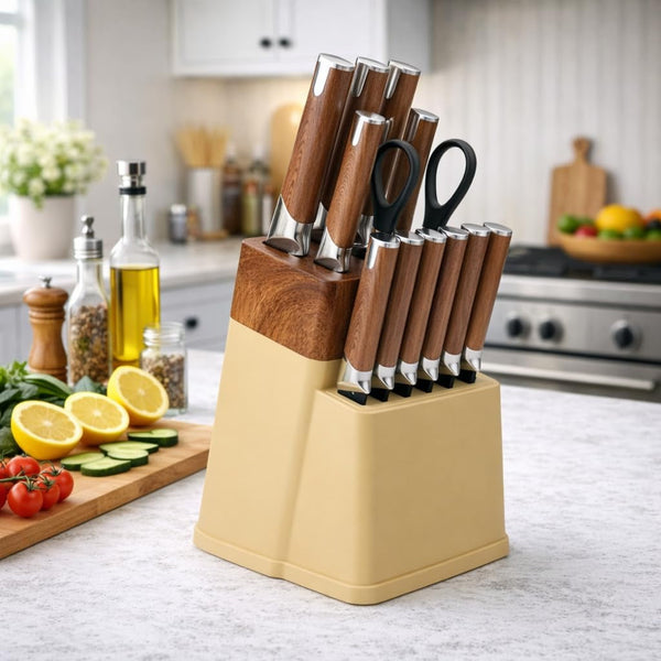 13-Piece Kitchen Knife Set with Block and 6 Steak Knives (Brown) | Dishwasher-Safe Stainless Steel Knives, Soft-Touch Handles, Bottle-Opener Shears and a Drain-Hole Storage Block6