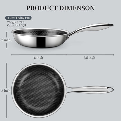 8" Non Stick Frying Pans,Stainless Steel Nonstick Frying Pan | Honeycomb Nonstick Coating, Pfoa-Free & Non-Toxic. Compatible with All Stoves, Easy to Clean.Oven &Dishwasher Safe2