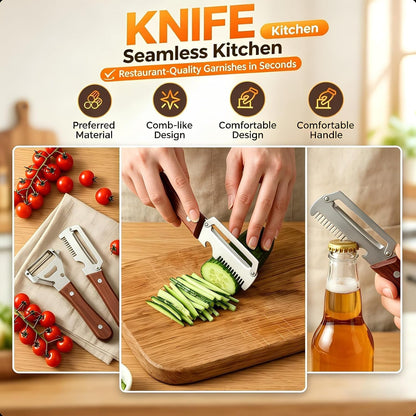 2-Pack Multifunctional Vegetable Peeler, 3 in 1 Kitchen Peeler with Wooden Handle, Grater & Bottle Opener for Potato, Carrot, Apple, Fruit & Vegetable3