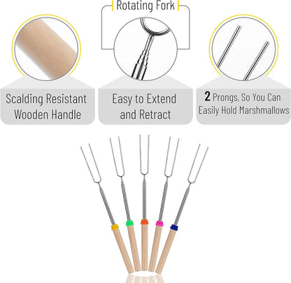 '- Marshmallow Roasting Sticks, 32”, 5 Pack, Dark Brown | Wooden Handle, Extendable Stainless Steel Smores Sticks for Fire Pit, Smores Skewers, Campfire Cooking Equipment4
