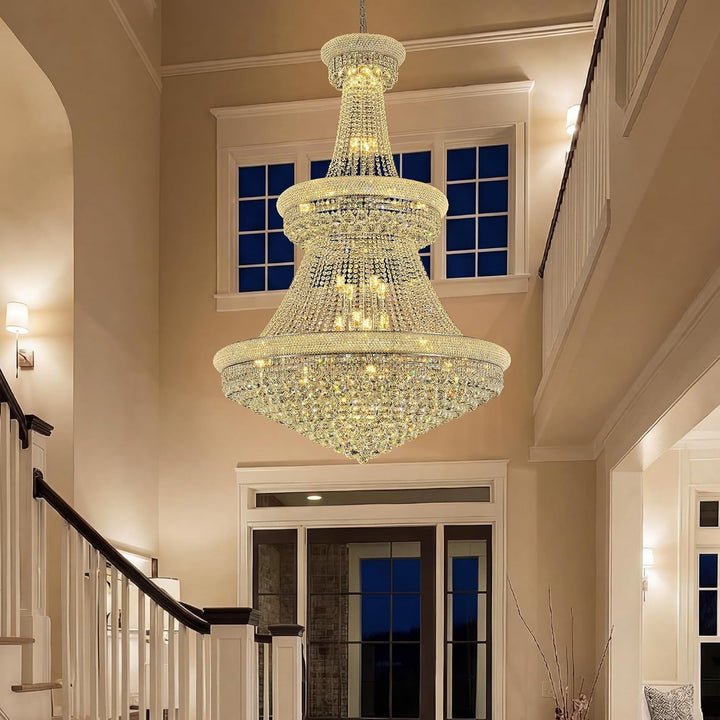 36-Lights High Ceiling Chandelier, 42'' W Modern Chrome Crystal Chandeliers Large Foyer Chandelier Fixtures for Staircase, Living Room, Hallway Entryway, Silver