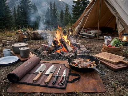 9PCS Butcher Knife Set, 7" Butcher Meat Cleaver, a 7" Serbian Chef Knife, a 6.5" Viking Knife, 3 Knife Sheath, Poultry Shears, Honing Steel and Knife Roll Bag (Unique Bull Pattern)7