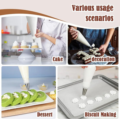 9-Piece Reusable Piping Bags and Tips Set with Stainless Steel Nozzles | Thick Cotton Bag, 6 Stainless Steel Tips, Secure Coupler and Brush for Cakes, Cupcakes and Cookies Decorating, Easy to Reuse6