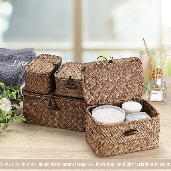 Handwoven Wicker Basket with Lid Small Desktop Seagrass Organizer8