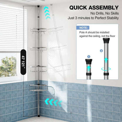 Corner Shower Caddy Tension Pole 4-Tier 47-121 Adjustable Stainless Steel6
