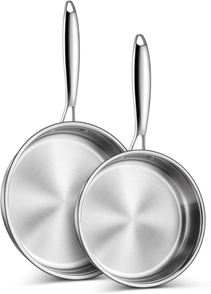 8 & 10 Inch 3-Ply Stainless Steel Frying Pan Skillet, 2 Pieces | Stainless Steel Pan Skillet, Induction Stir-Fry Pan, Oven & All Stoves Safe, Heavy Duty & Even Heat, Dishwasher Safe, Silver1