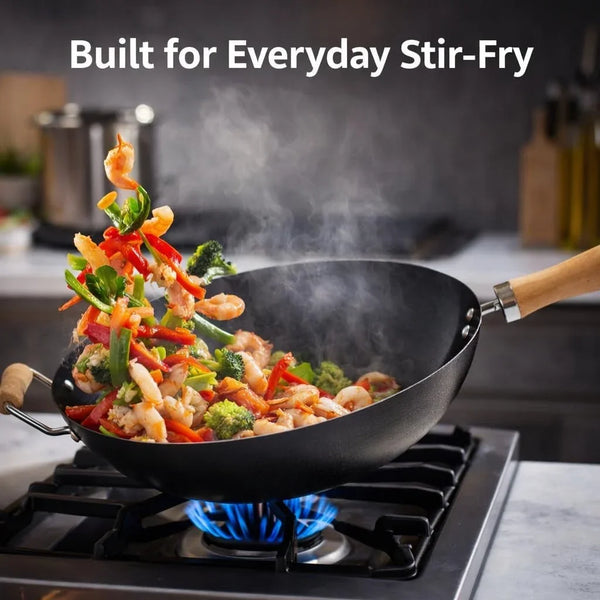 13.5" Carbon Steel Wok with Wooden Handle – Non-Stick Stir Fry Pan for Authentic Asian Cooking, Black2