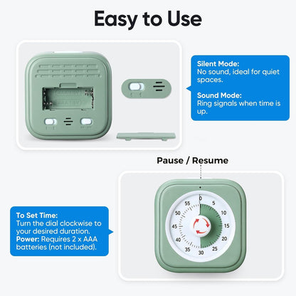 60 Minute Visual Timer for Kids, Silent Countdown Clock, Time Management Tool for Homeschool Study Supplies, Classroom, Home, Kitchen, Desk (Green)4