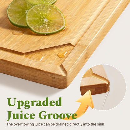 3+1 Piece Self-Draining Bamboo Cutting Boards, Wooden Cutting Boards for Charcuterie, Vegetables, Cheese, Bread, Extra Large Chopping Boards with Deep Juice Groove and Handle, Natural8