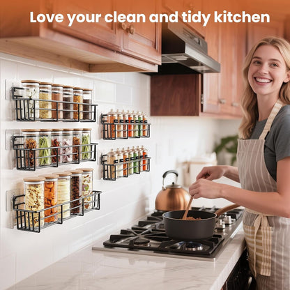 5 Pack Spice Rack Seasoning Organizer Wall Mount, Screw or Adhesive Hanging Shelf Basket Spice Organizer Shelf for Kitchen, Black7