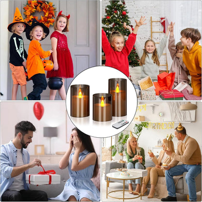 Flameless Candles 4" 5" 6" Acrylic Glass Pillars 3" Diameter Battery Operated Flickering Candles Include 8-Key Remote with Timer Function 400+ Hours (Gray, Warm Light 3 Pack)3