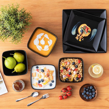 Soho Dinnerware Sets 12 Pieces, Black Stoneware Square Place Setting, Plates and Bowls Sets, Dinner Plate, Dishes Set for 48